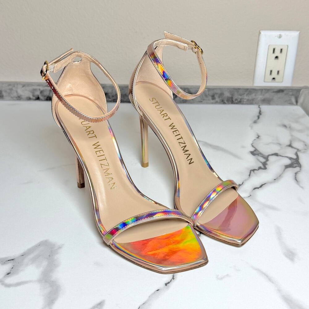Stuart Weitzman Nudistcurve 100 Rose Gold Iridescent Sandals NEW